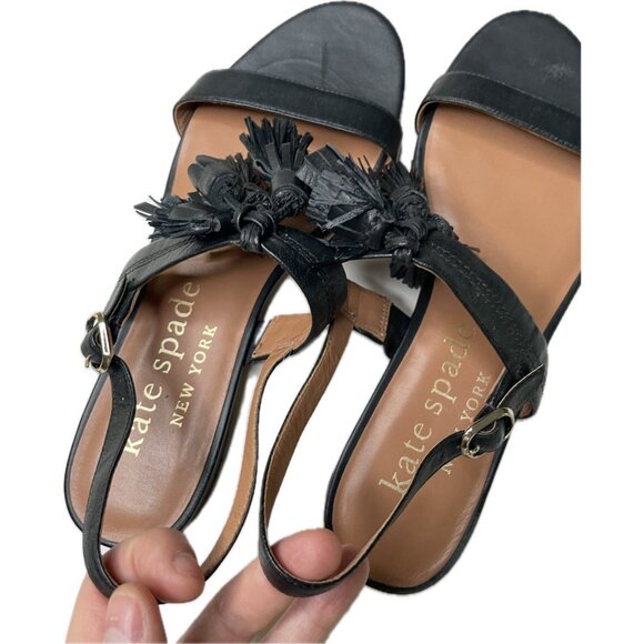 KATE SPADE NEW YORK LA DANSE Black Leather Tassel Flat Ankle Strap Sandals 10B - Picture 5 of 8